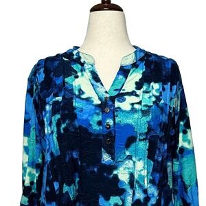 Cocomo Top Womens XL Blue Colorful Abstract Pintuck Roll Tab Stretch Career